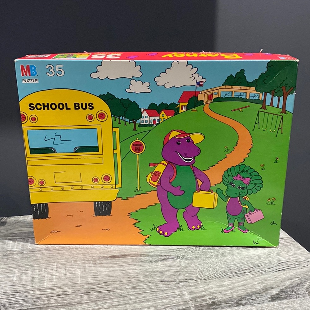 Vintage | Barney: School Bus Stop Scene (1993) - 35 Piece Jumbo Floor Puzzle
